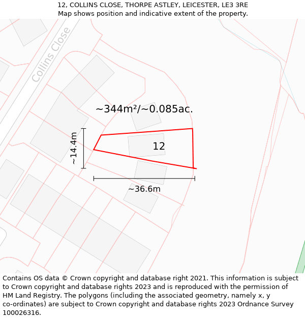 12, COLLINS CLOSE, THORPE ASTLEY, LEICESTER, LE3 3RE: Plot and title map