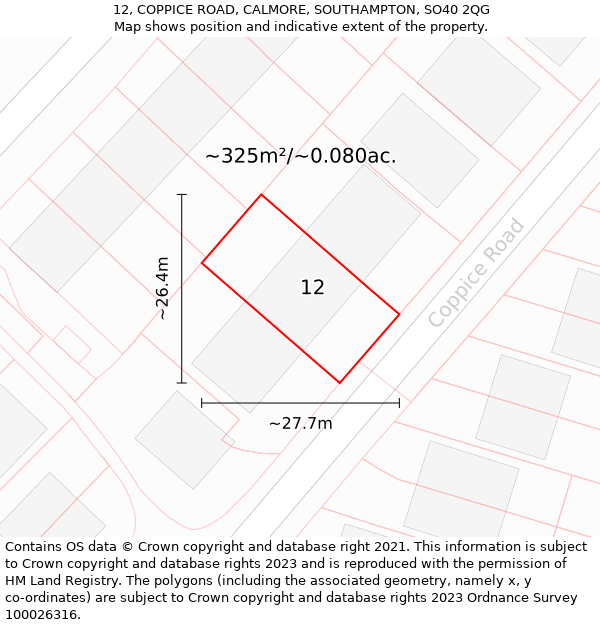 12, COPPICE ROAD, CALMORE, SOUTHAMPTON, SO40 2QG: Plot and title map