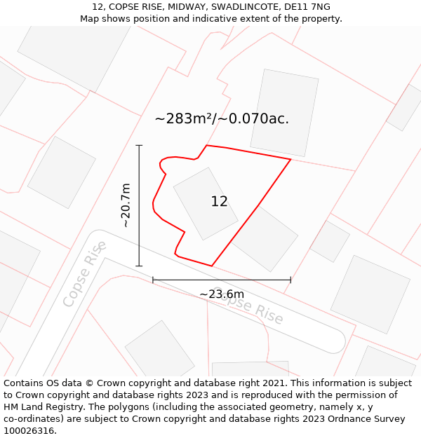 12, COPSE RISE, MIDWAY, SWADLINCOTE, DE11 7NG: Plot and title map