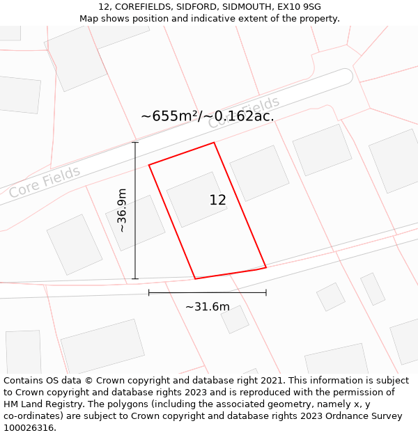 12, COREFIELDS, SIDFORD, SIDMOUTH, EX10 9SG: Plot and title map