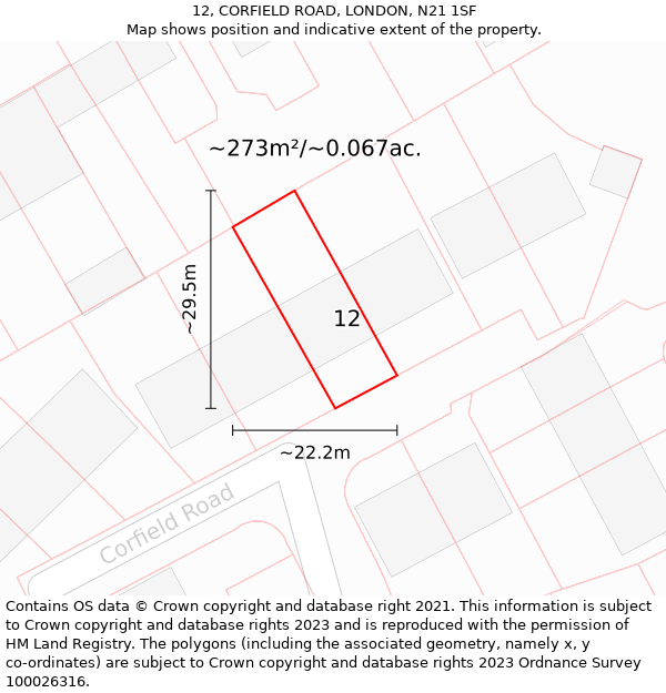 12, CORFIELD ROAD, LONDON, N21 1SF: Plot and title map