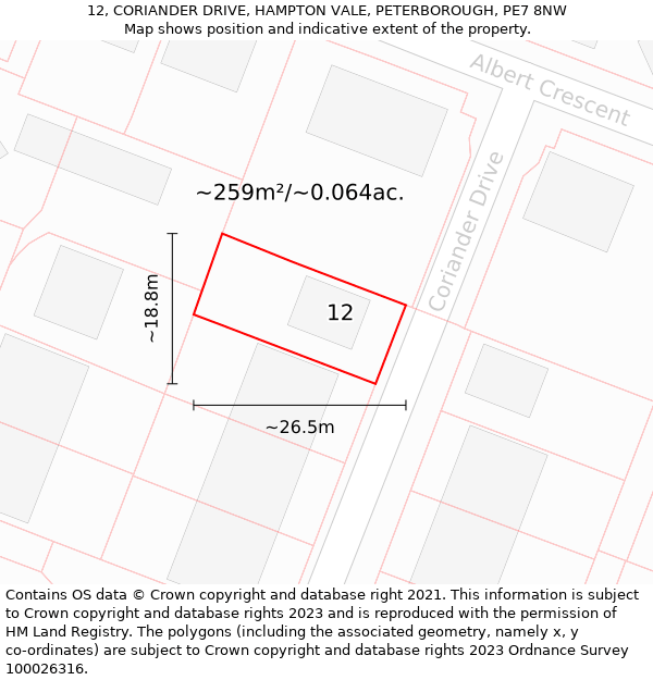 12, CORIANDER DRIVE, HAMPTON VALE, PETERBOROUGH, PE7 8NW: Plot and title map