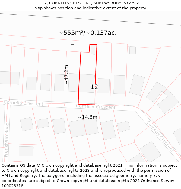 12, CORNELIA CRESCENT, SHREWSBURY, SY2 5LZ: Plot and title map