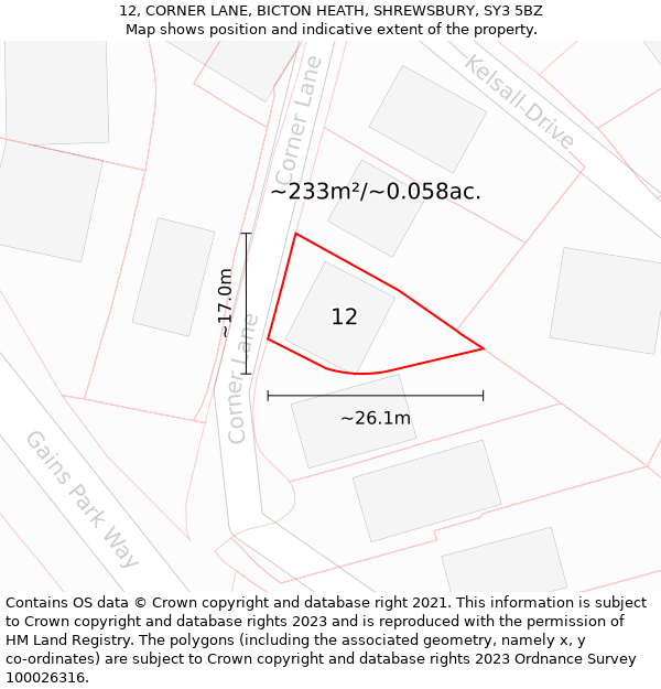 12, CORNER LANE, BICTON HEATH, SHREWSBURY, SY3 5BZ: Plot and title map