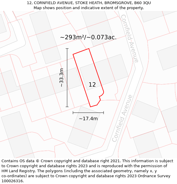 12, CORNFIELD AVENUE, STOKE HEATH, BROMSGROVE, B60 3QU: Plot and title map