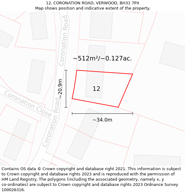 12, CORONATION ROAD, VERWOOD, BH31 7PX: Plot and title map