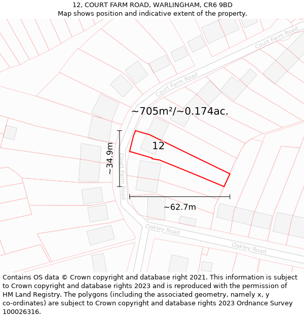 12, COURT FARM ROAD, WARLINGHAM, CR6 9BD: Plot and title map