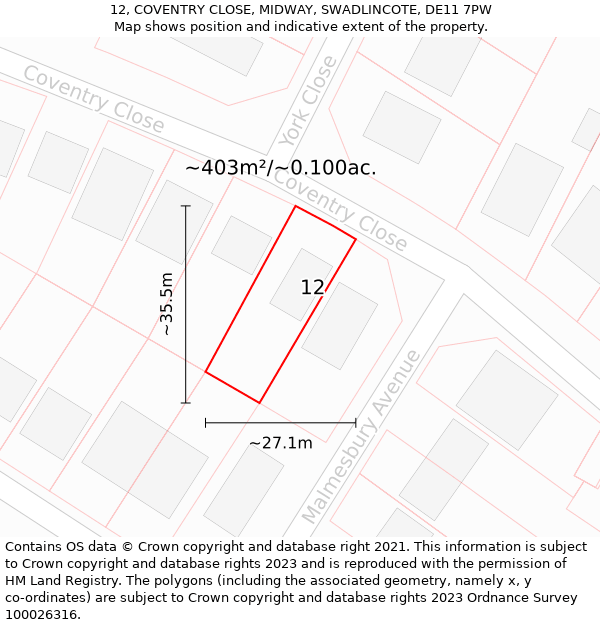 12, COVENTRY CLOSE, MIDWAY, SWADLINCOTE, DE11 7PW: Plot and title map