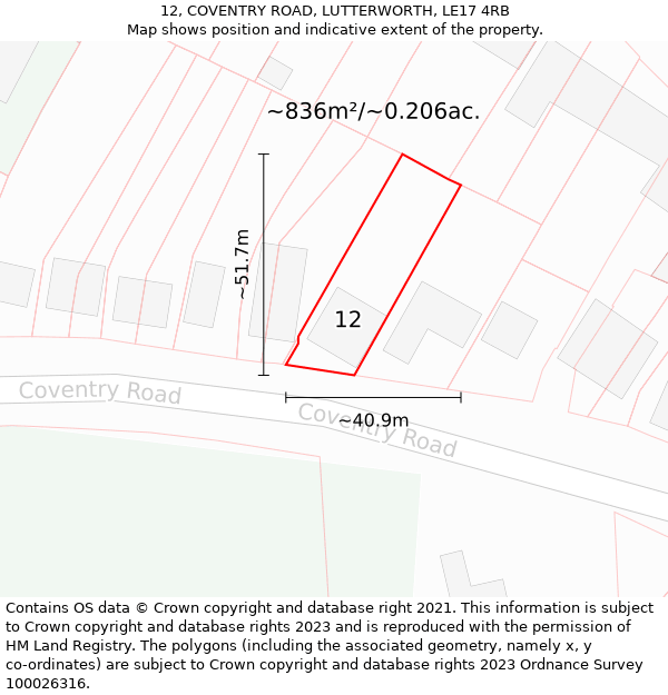 12, COVENTRY ROAD, LUTTERWORTH, LE17 4RB: Plot and title map