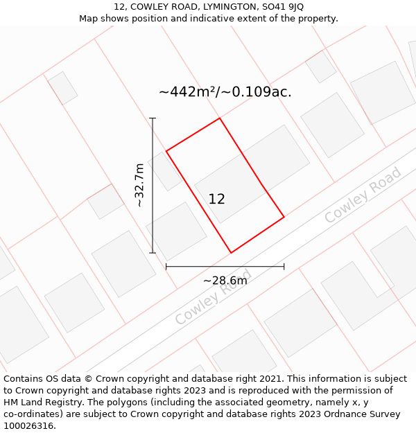 12, COWLEY ROAD, LYMINGTON, SO41 9JQ: Plot and title map