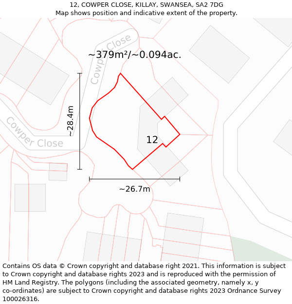 12, COWPER CLOSE, KILLAY, SWANSEA, SA2 7DG: Plot and title map