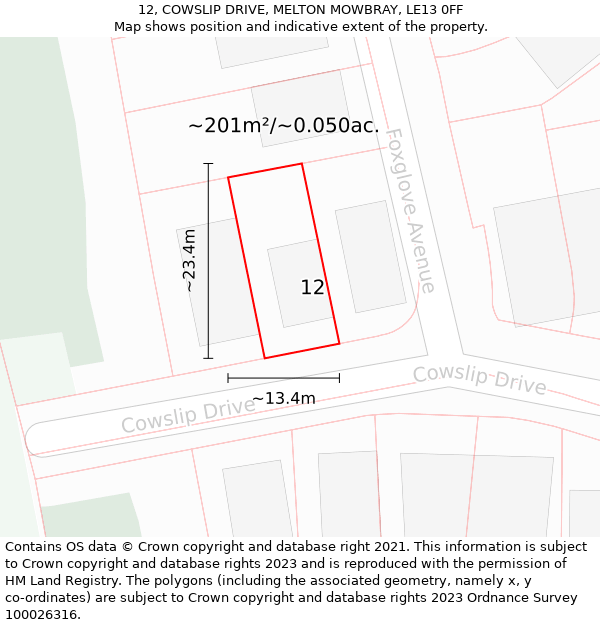 12, COWSLIP DRIVE, MELTON MOWBRAY, LE13 0FF: Plot and title map