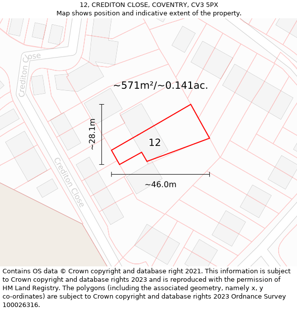 12, CREDITON CLOSE, COVENTRY, CV3 5PX: Plot and title map