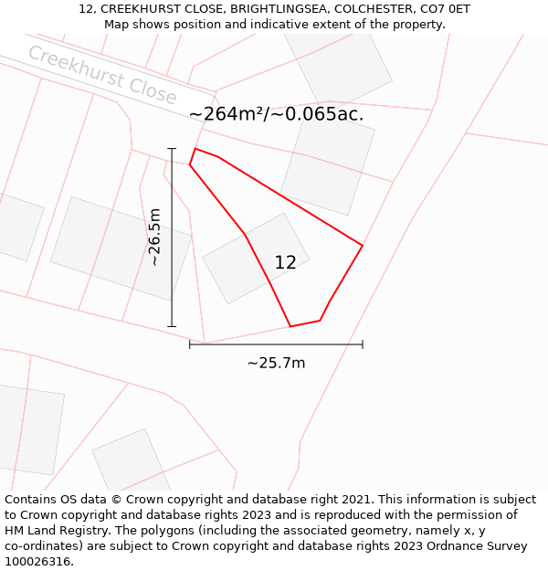 12, CREEKHURST CLOSE, BRIGHTLINGSEA, COLCHESTER, CO7 0ET: Plot and title map