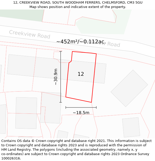 12, CREEKVIEW ROAD, SOUTH WOODHAM FERRERS, CHELMSFORD, CM3 5GU: Plot and title map