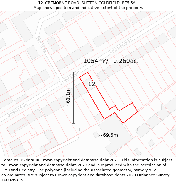 12, CREMORNE ROAD, SUTTON COLDFIELD, B75 5AH: Plot and title map