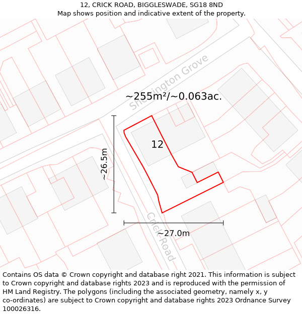 12, CRICK ROAD, BIGGLESWADE, SG18 8ND: Plot and title map