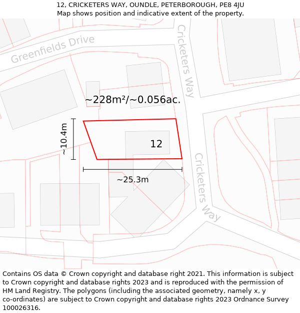 12, CRICKETERS WAY, OUNDLE, PETERBOROUGH, PE8 4JU: Plot and title map