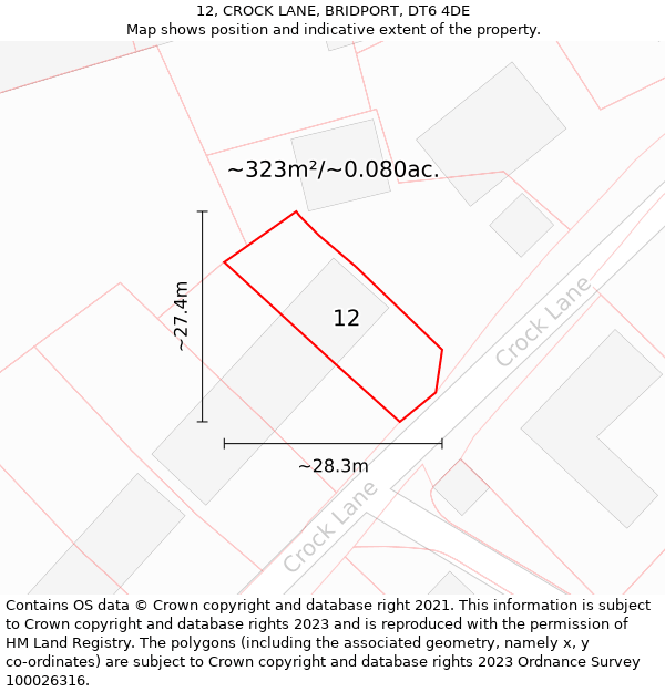 12, CROCK LANE, BRIDPORT, DT6 4DE: Plot and title map