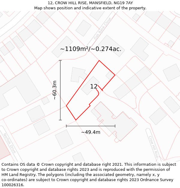 12, CROW HILL RISE, MANSFIELD, NG19 7AY: Plot and title map