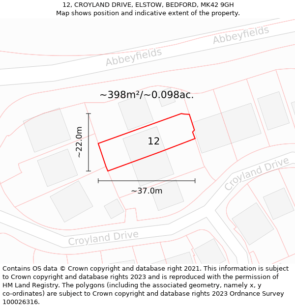 12, CROYLAND DRIVE, ELSTOW, BEDFORD, MK42 9GH: Plot and title map