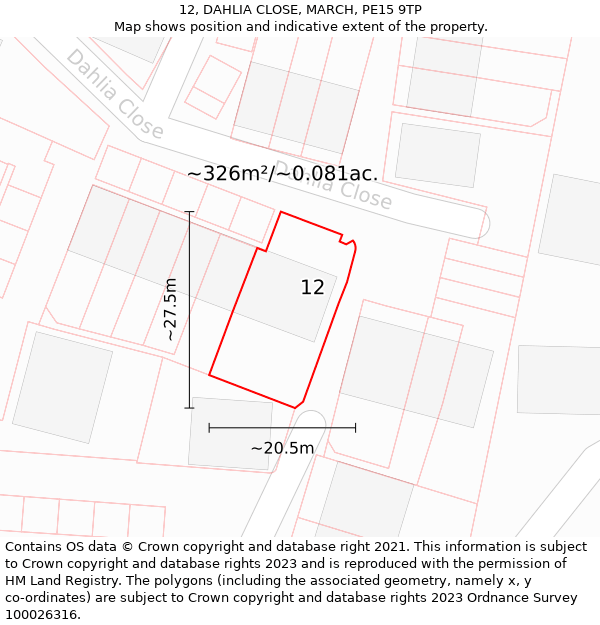 12, DAHLIA CLOSE, MARCH, PE15 9TP: Plot and title map