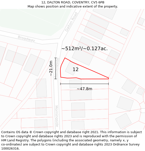 12, DALTON ROAD, COVENTRY, CV5 6PB: Plot and title map