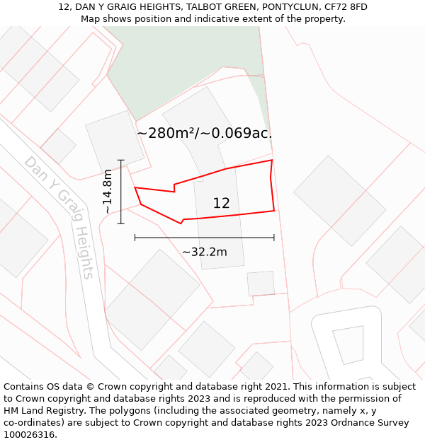 12, DAN Y GRAIG HEIGHTS, TALBOT GREEN, PONTYCLUN, CF72 8FD: Plot and title map