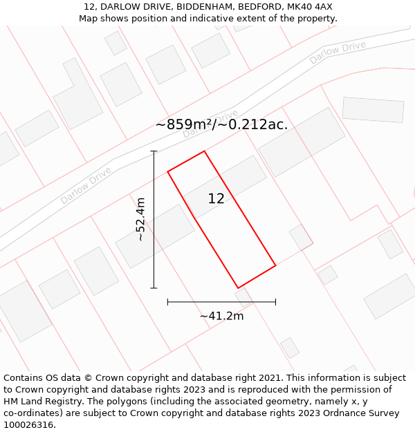 12, DARLOW DRIVE, BIDDENHAM, BEDFORD, MK40 4AX: Plot and title map