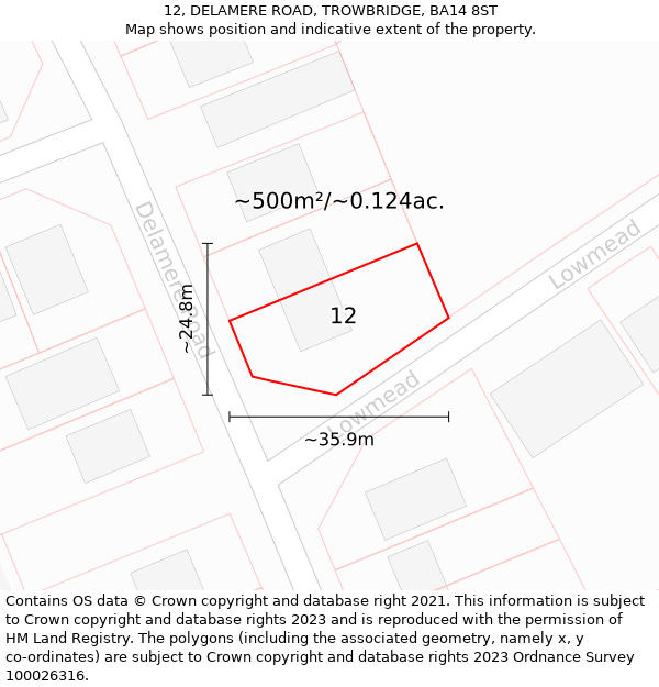 12, DELAMERE ROAD, TROWBRIDGE, BA14 8ST: Plot and title map