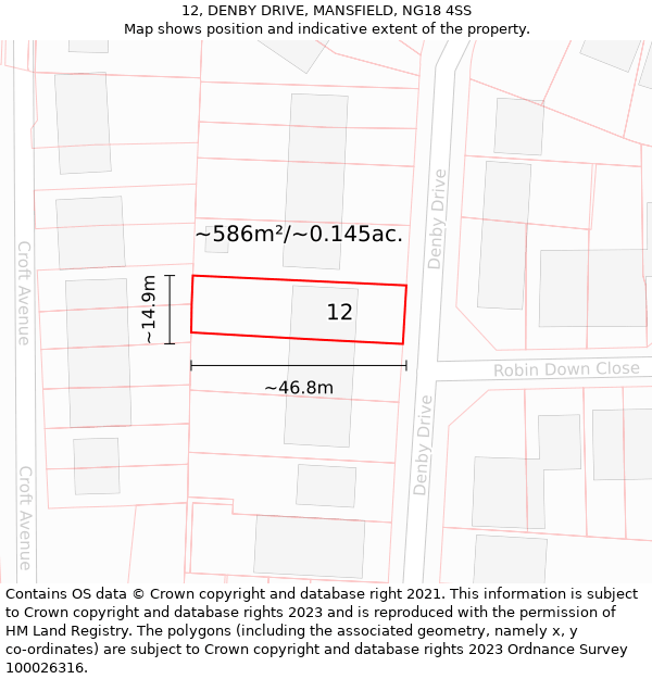 12, DENBY DRIVE, MANSFIELD, NG18 4SS: Plot and title map