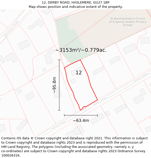 12, DERBY ROAD, HASLEMERE, GU27 1BP: Plot and title map