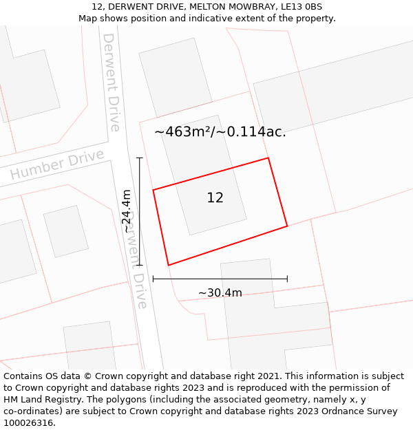 12, DERWENT DRIVE, MELTON MOWBRAY, LE13 0BS: Plot and title map