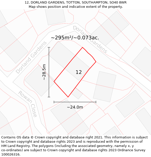 12, DORLAND GARDENS, TOTTON, SOUTHAMPTON, SO40 8WR: Plot and title map