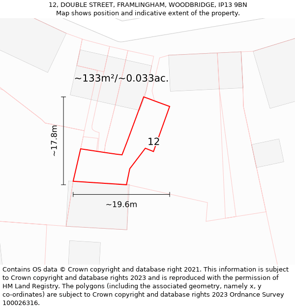 12, DOUBLE STREET, FRAMLINGHAM, WOODBRIDGE, IP13 9BN: Plot and title map