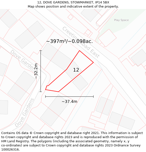 12, DOVE GARDENS, STOWMARKET, IP14 5BX: Plot and title map