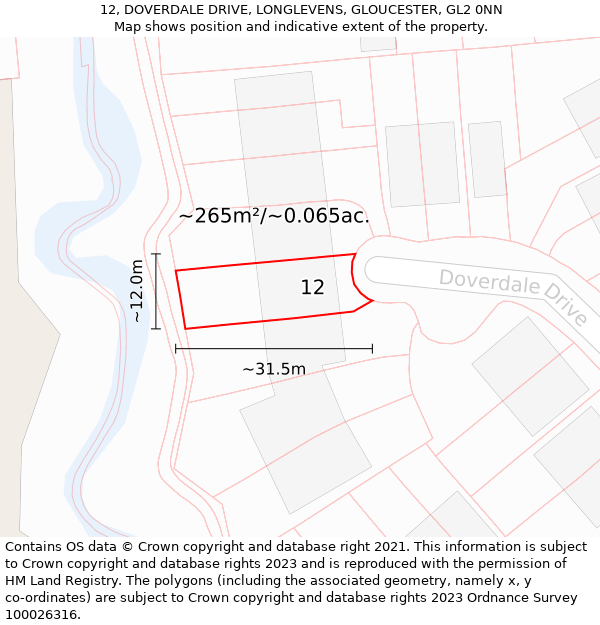 12, DOVERDALE DRIVE, LONGLEVENS, GLOUCESTER, GL2 0NN: Plot and title map