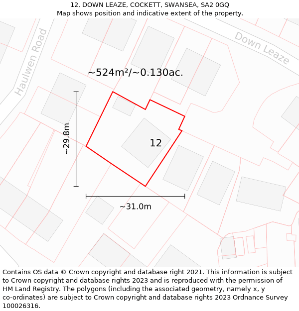 12, DOWN LEAZE, COCKETT, SWANSEA, SA2 0GQ: Plot and title map