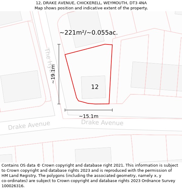 12, DRAKE AVENUE, CHICKERELL, WEYMOUTH, DT3 4NA: Plot and title map