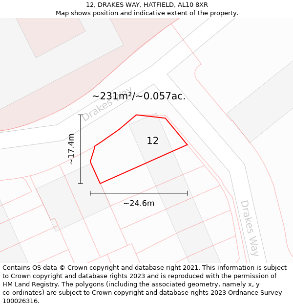 12, DRAKES WAY, HATFIELD, AL10 8XR: Plot and title map