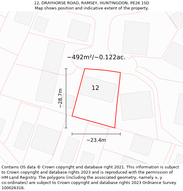 12, DRAYHORSE ROAD, RAMSEY, HUNTINGDON, PE26 1SD: Plot and title map