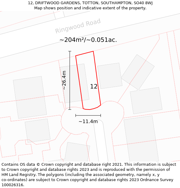 12, DRIFTWOOD GARDENS, TOTTON, SOUTHAMPTON, SO40 8WJ: Plot and title map