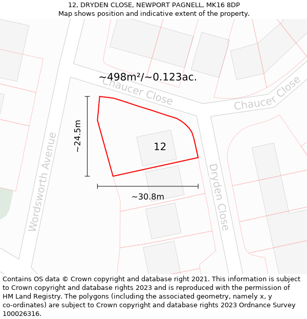 12, DRYDEN CLOSE, NEWPORT PAGNELL, MK16 8DP: Plot and title map