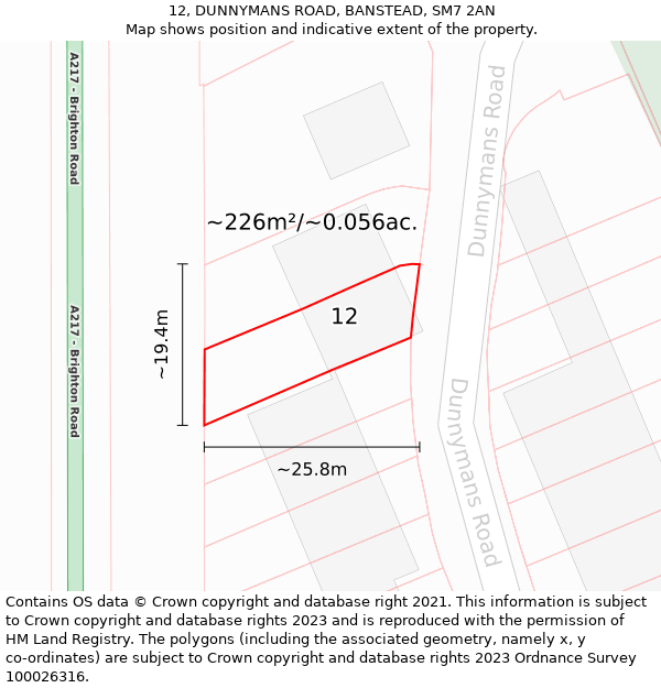 12, DUNNYMANS ROAD, BANSTEAD, SM7 2AN: Plot and title map
