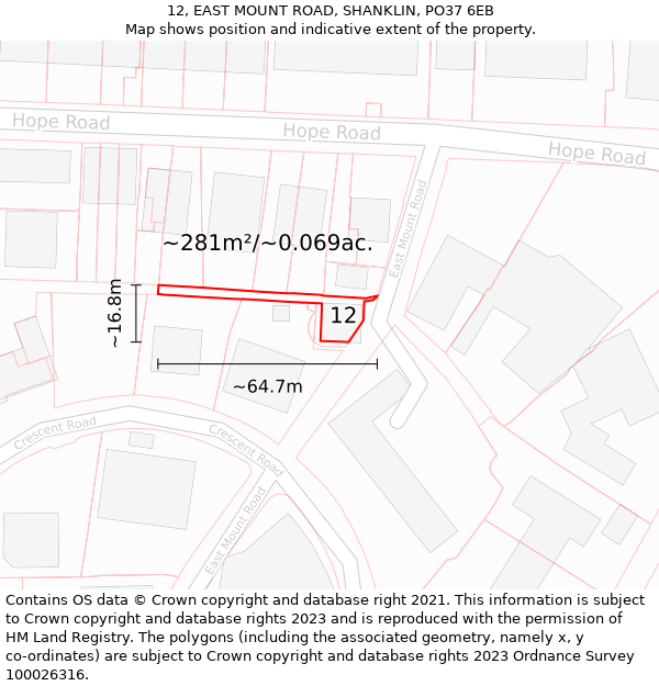 12, EAST MOUNT ROAD, SHANKLIN, PO37 6EB: Plot and title map