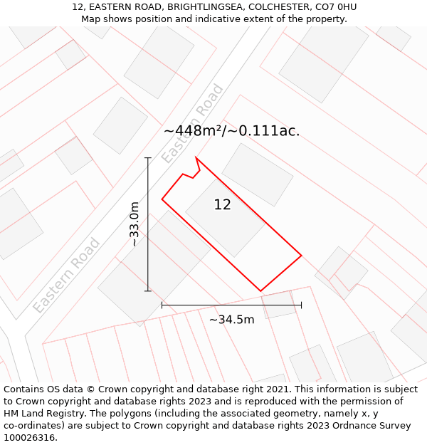 12, EASTERN ROAD, BRIGHTLINGSEA, COLCHESTER, CO7 0HU: Plot and title map