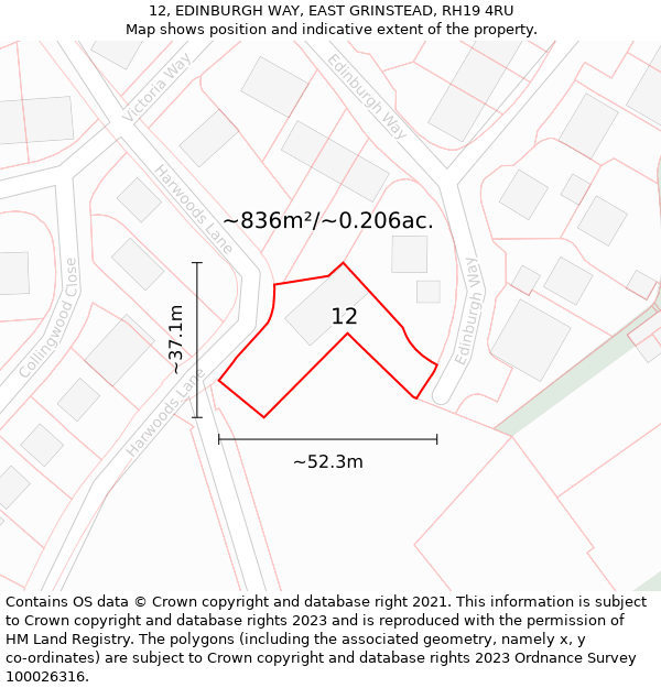 12, EDINBURGH WAY, EAST GRINSTEAD, RH19 4RU: Plot and title map