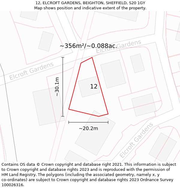 12, ELCROFT GARDENS, BEIGHTON, SHEFFIELD, S20 1GY: Plot and title map