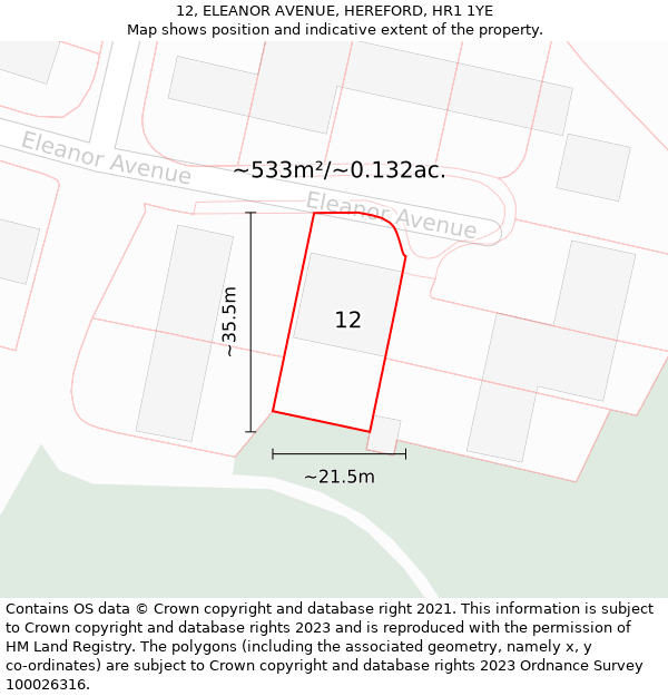 12, ELEANOR AVENUE, HEREFORD, HR1 1YE: Plot and title map