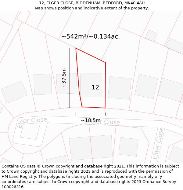 12, ELGER CLOSE, BIDDENHAM, BEDFORD, MK40 4AU: Plot and title map